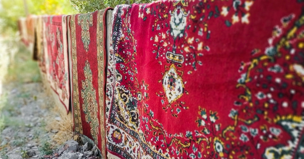 Carpets drying on the wall